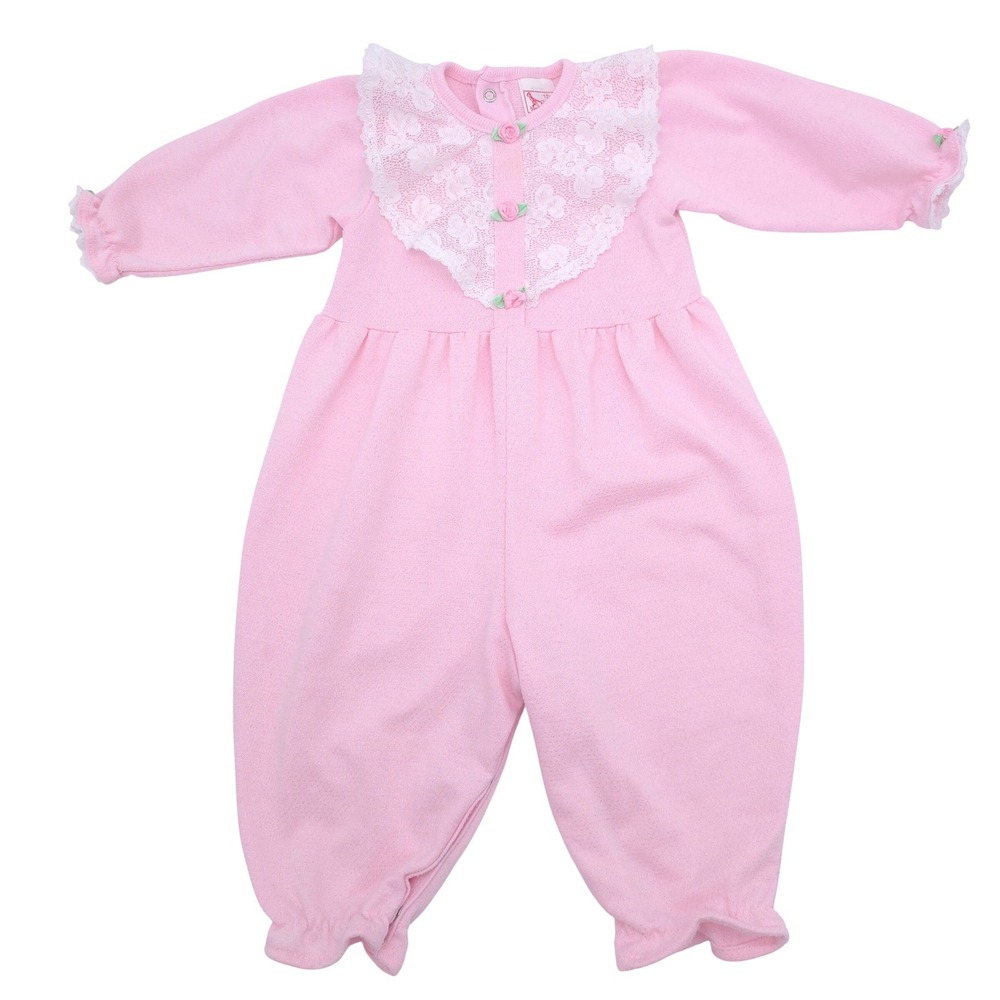 Vintage Buster Brown Kids Pink Lace Rosette Jumper Sleeper 12M